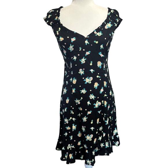 FREE PEOPLE “Like a Lady” Black Floral Mini Dress Size M Open Back, Ruffle Hem - Picture 2 of 8
